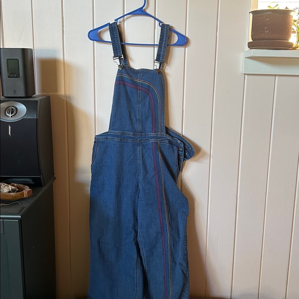 Blue Denim Overalls with Rainbow Stripe